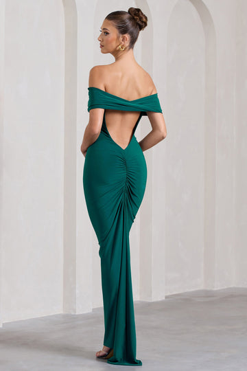 Vivienne Bottle Green Bardot Open-Back Maxi Dress